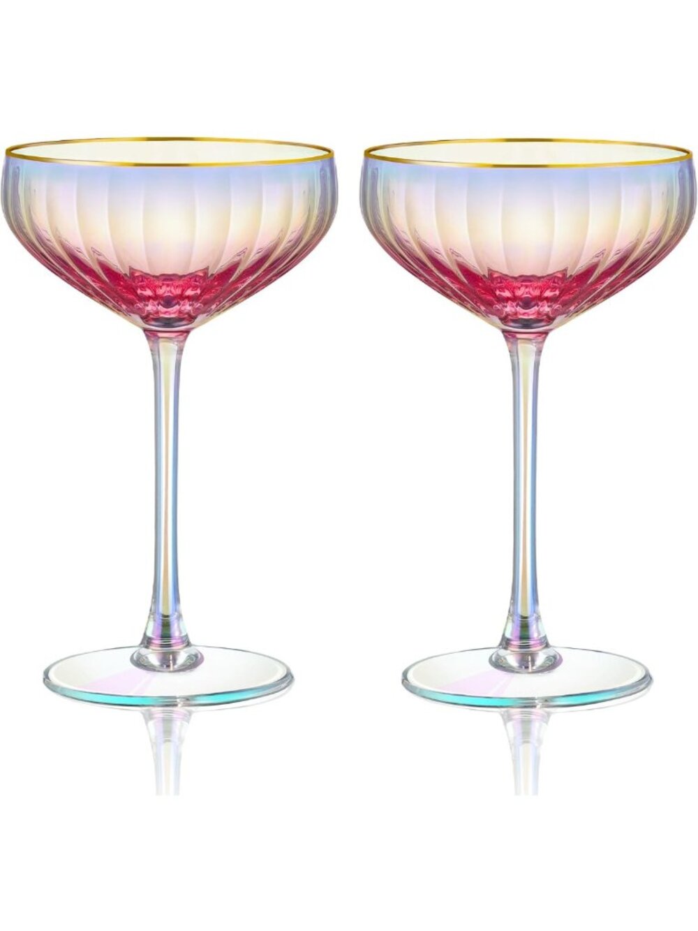 Set of 2 Pink Iridescent Coupe Glasses - Hand Blown Crystal Martini & Cocktail